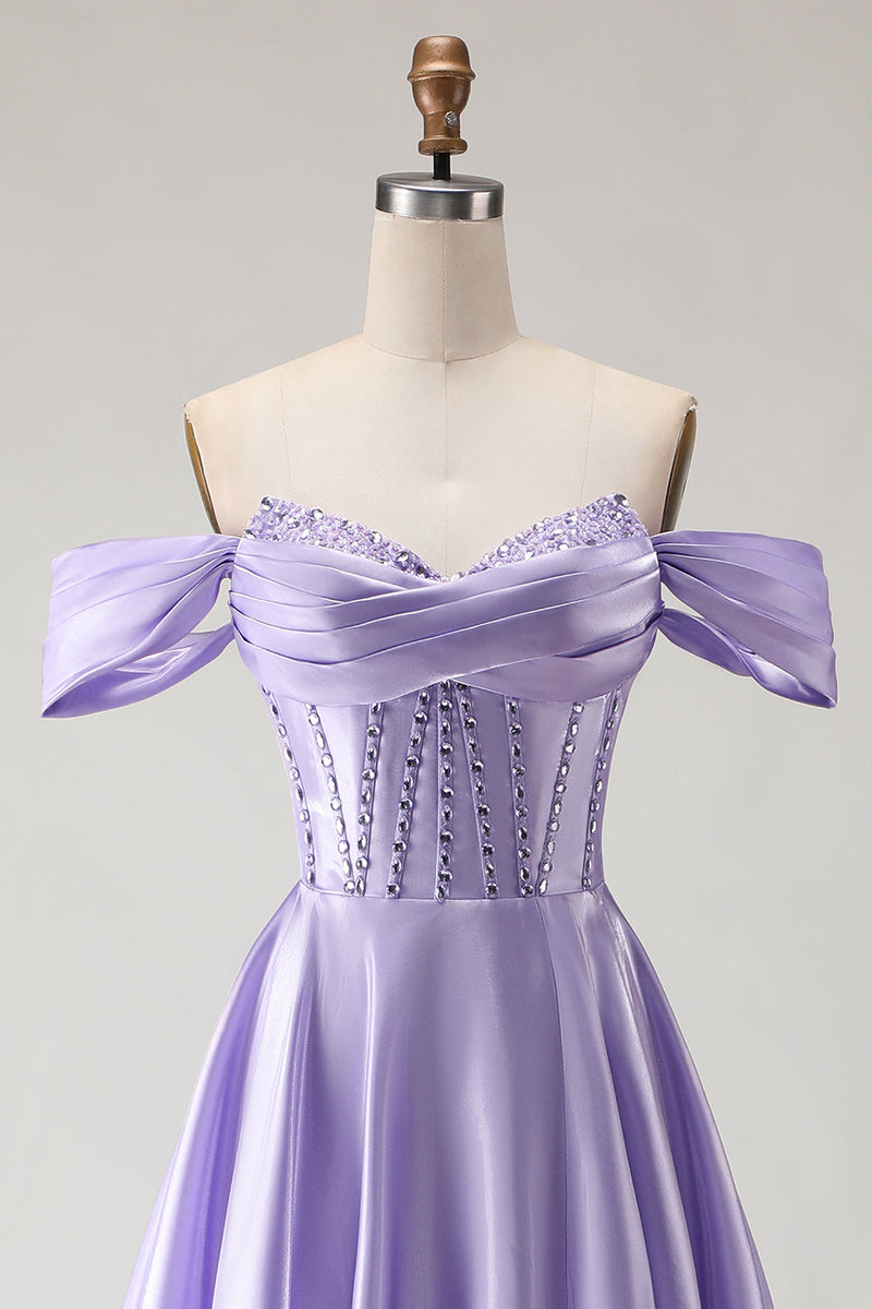 Load image into Gallery viewer, Sparkly Purple A Line Beaded Satin Long Corset Prom Dress with Slit