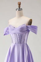 Load image into Gallery viewer, Sparkly Purple A Line Beaded Satin Long Corset Prom Dress with Slit