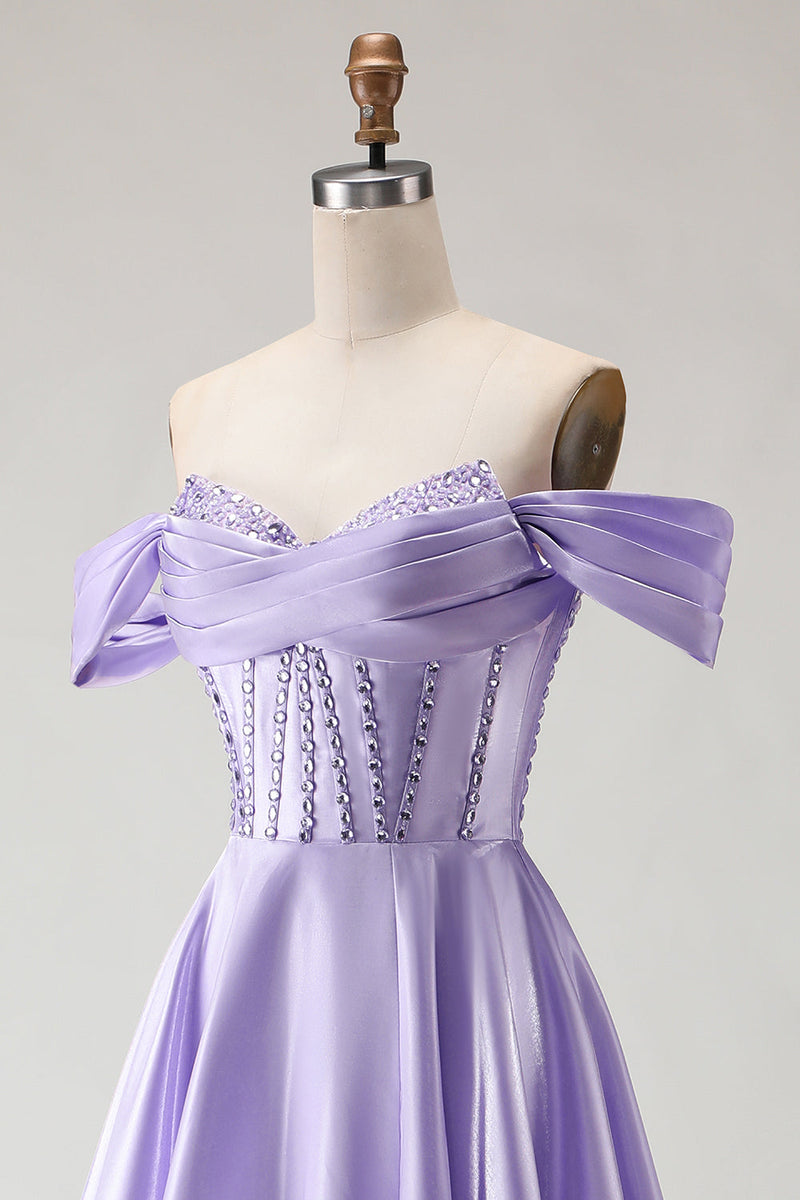 Load image into Gallery viewer, Sparkly Purple A Line Beaded Satin Long Corset Prom Dress with Slit