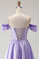 Load image into Gallery viewer, Sparkly Purple A Line Beaded Satin Long Corset Prom Dress with Slit