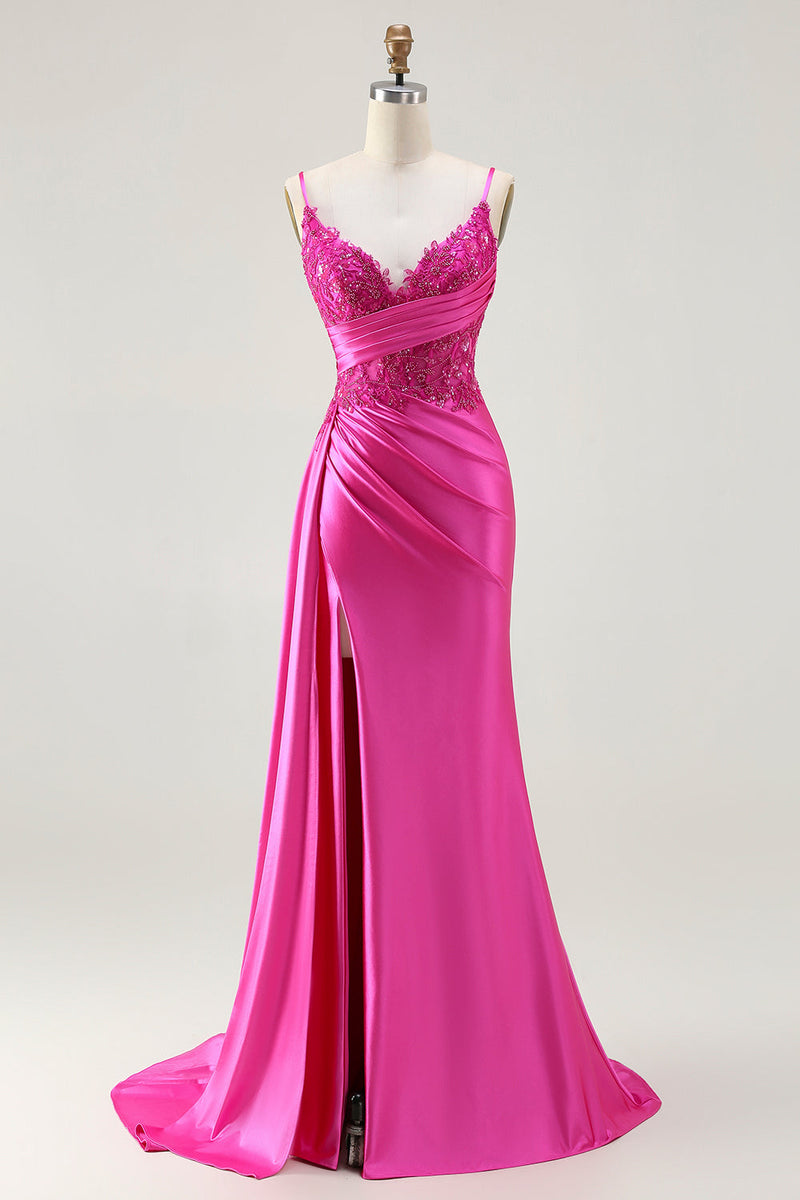 Load image into Gallery viewer, Sparkly Fuchsia Mermaid Spaghetti Straps Maxi Prom Dress with Slit
