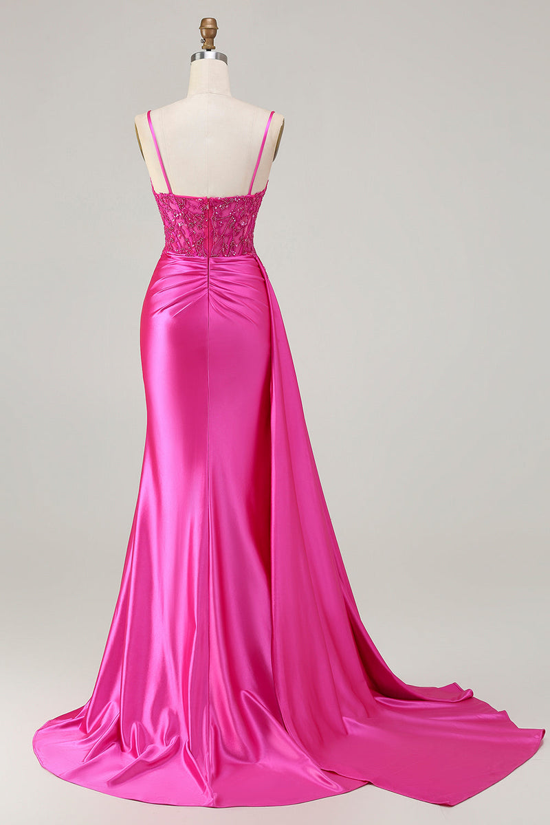 Load image into Gallery viewer, Sparkly Fuchsia Mermaid Spaghetti Straps Maxi Prom Dress with Slit