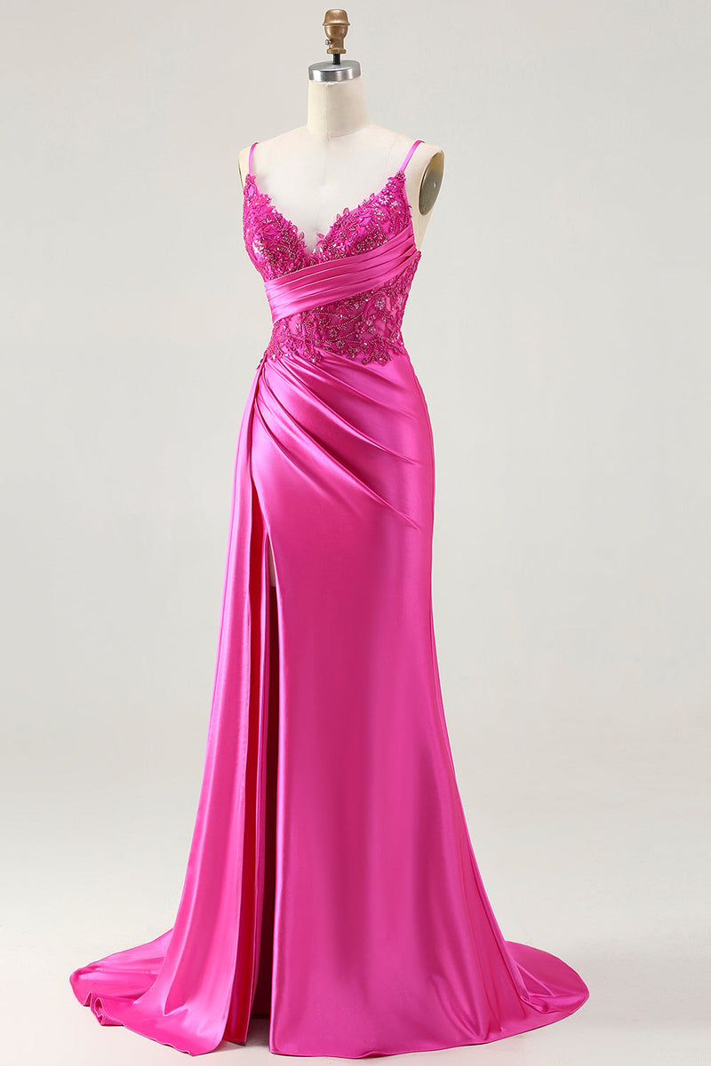Load image into Gallery viewer, Sparkly Fuchsia Mermaid Spaghetti Straps Maxi Prom Dress with Slit