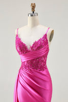 Load image into Gallery viewer, Sparkly Fuchsia Mermaid Spaghetti Straps Maxi Prom Dress with Slit