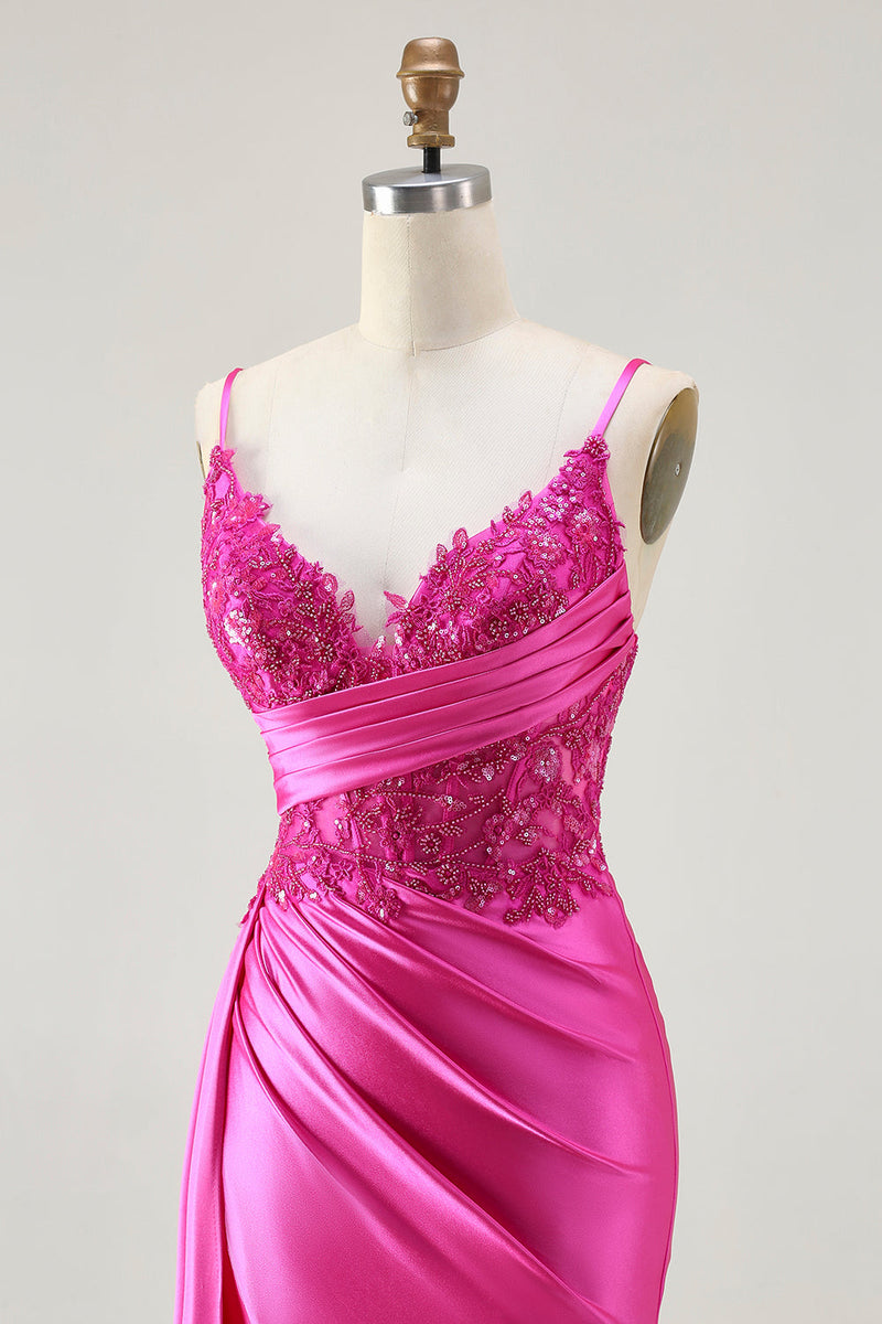 Load image into Gallery viewer, Sparkly Fuchsia Mermaid Spaghetti Straps Maxi Prom Dress with Slit