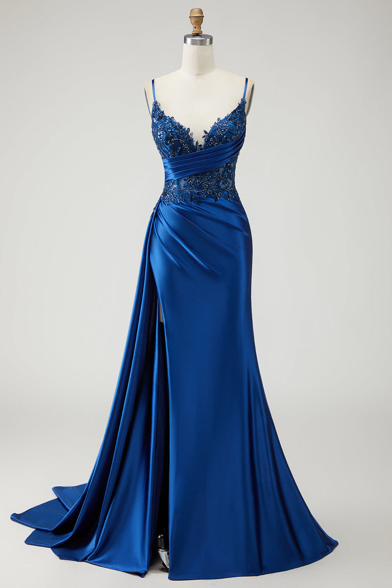 Load image into Gallery viewer, Sparkly Navy Mermaid Beaded Long Prom Dress with Slit