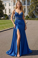Load image into Gallery viewer, Sparkly Navy Mermaid Beaded Long Prom Dress with Slit