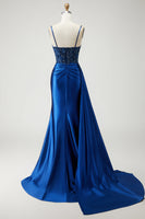 Load image into Gallery viewer, Sparkly Navy Mermaid Beaded Long Prom Dress with Slit