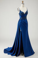 Load image into Gallery viewer, Sparkly Navy Mermaid Beaded Long Prom Dress with Slit