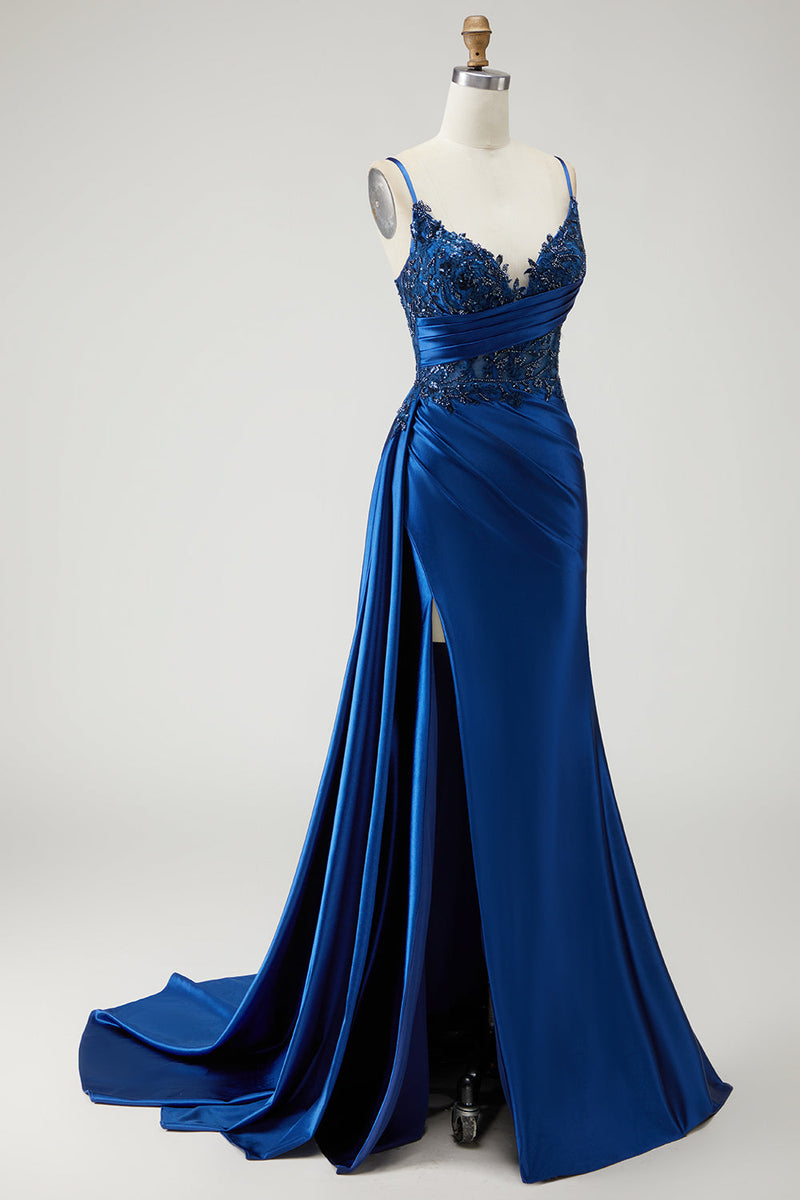 Load image into Gallery viewer, Sparkly Navy Mermaid Beaded Long Prom Dress with Slit