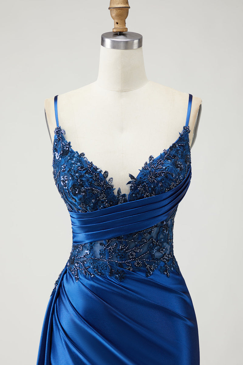 Load image into Gallery viewer, Sparkly Navy Mermaid Beaded Long Prom Dress with Slit