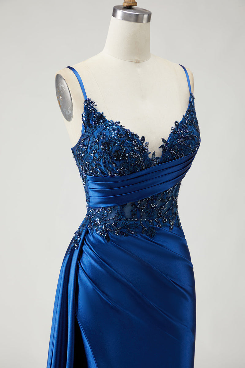 Load image into Gallery viewer, Sparkly Navy Mermaid Beaded Long Prom Dress with Slit