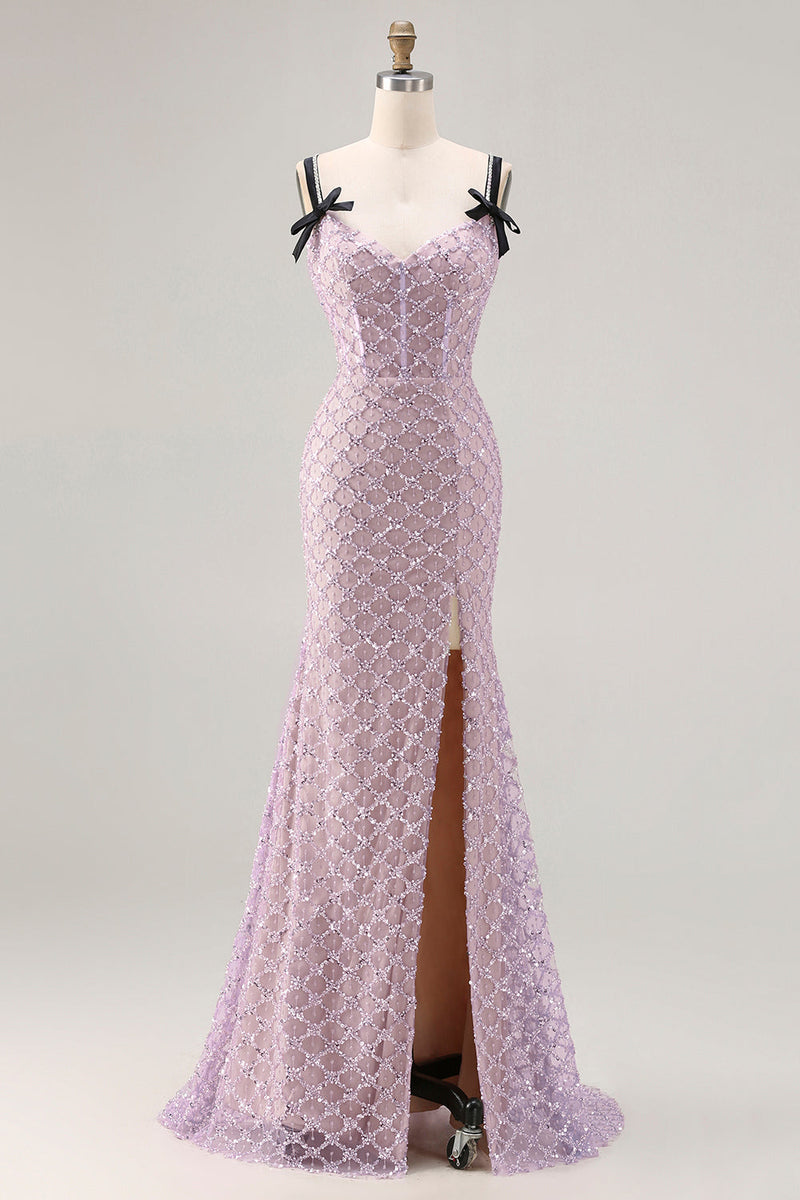 Load image into Gallery viewer, Sparkly Lilac Sequins Mermaid Long Prom Dress with Slit