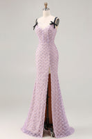 Load image into Gallery viewer, Sparkly Lilac Sequins Mermaid Long Prom Dress with Slit