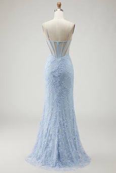 Sparkly Blue Mermaid Beaded Corset Floral Long Prom Dress with Slit