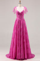 Load image into Gallery viewer, Fuchsia Floral A Line Long Corset Prom Dress with Beading