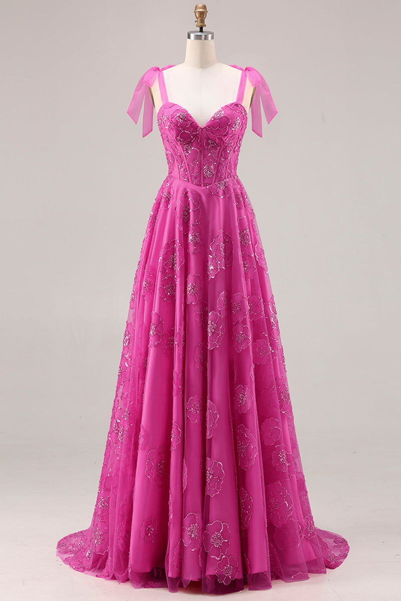 Load image into Gallery viewer, Fuchsia Floral A Line Long Corset Prom Dress with Beading