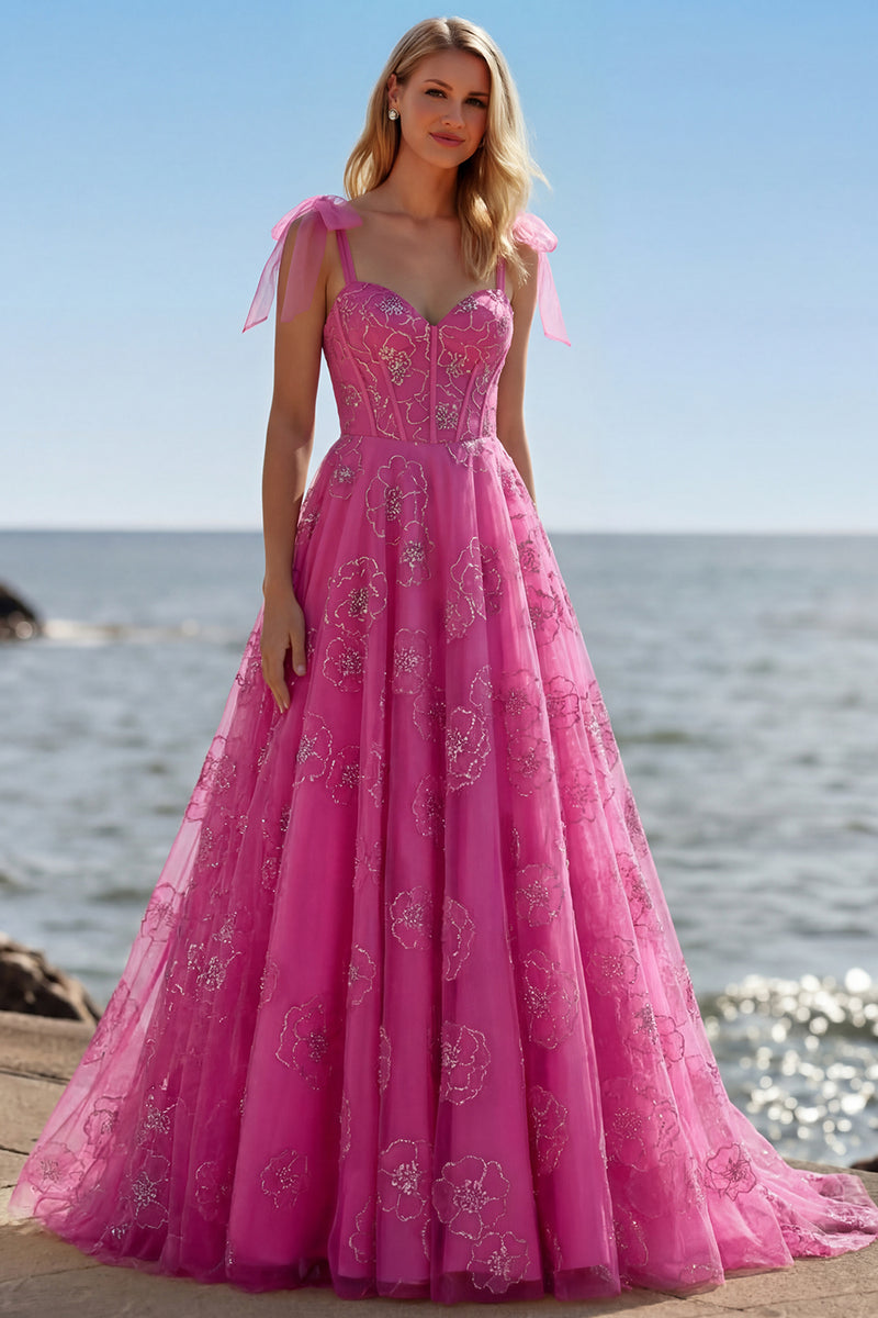 Load image into Gallery viewer, Plus Size Fuchsia A Line Floral Long Corset Prom Dress with Beading