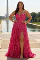 Load image into Gallery viewer, Plus Size Fuchsia A Line Floral Long Corset Prom Dress with Beading