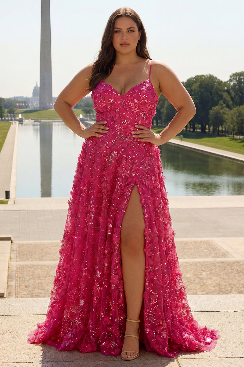Load image into Gallery viewer, Plus Size Fuchsia A Line Floral Long Corset Prom Dress with Beading