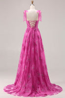 Load image into Gallery viewer, Fuchsia Floral A Line Long Corset Prom Dress with Beading