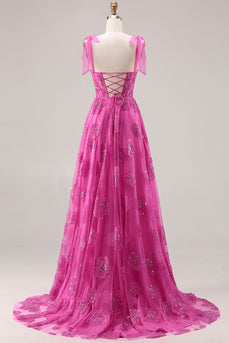 Fuchsia Floral A Line Long Corset Prom Dress with Beading