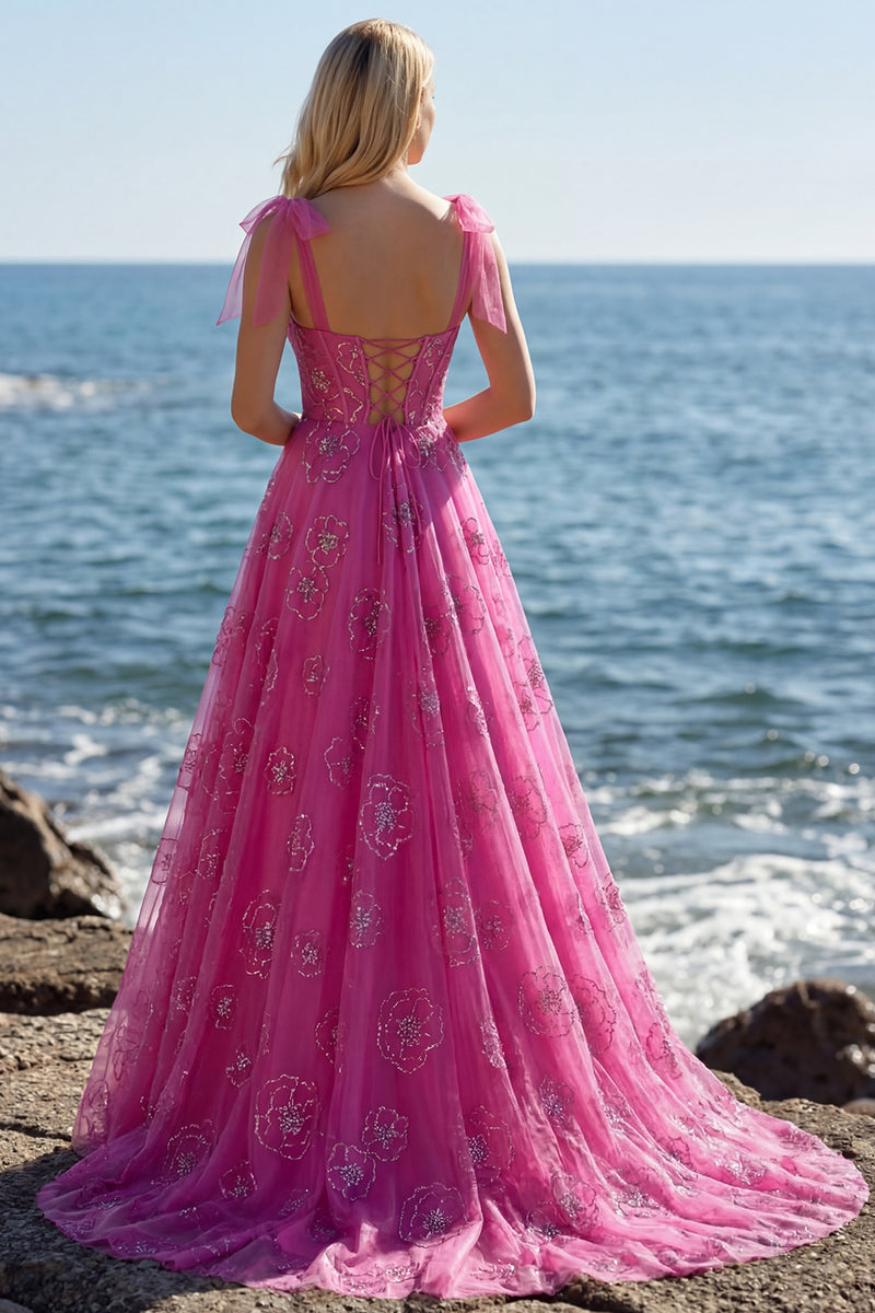 Load image into Gallery viewer, Plus Size Fuchsia A Line Floral Long Corset Prom Dress with Beading