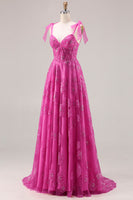 Load image into Gallery viewer, Fuchsia Floral A Line Long Corset Prom Dress with Beading