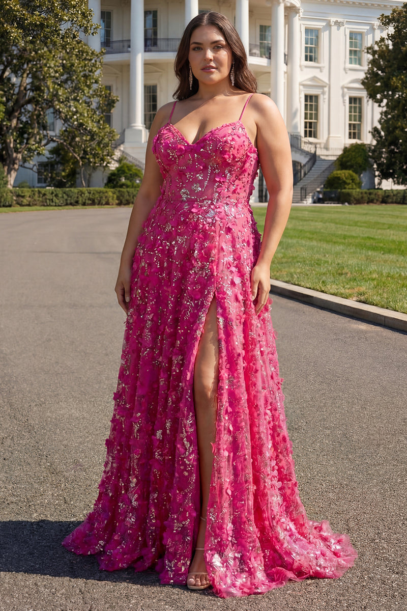 Load image into Gallery viewer, Plus Size Fuchsia A Line Floral Long Corset Prom Dress with Beading
