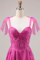 Load image into Gallery viewer, Fuchsia Floral A Line Long Corset Prom Dress with Beading