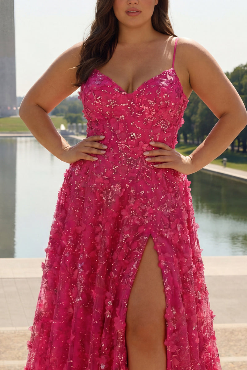 Load image into Gallery viewer, Plus Size Fuchsia A Line Floral Long Corset Prom Dress with Beading