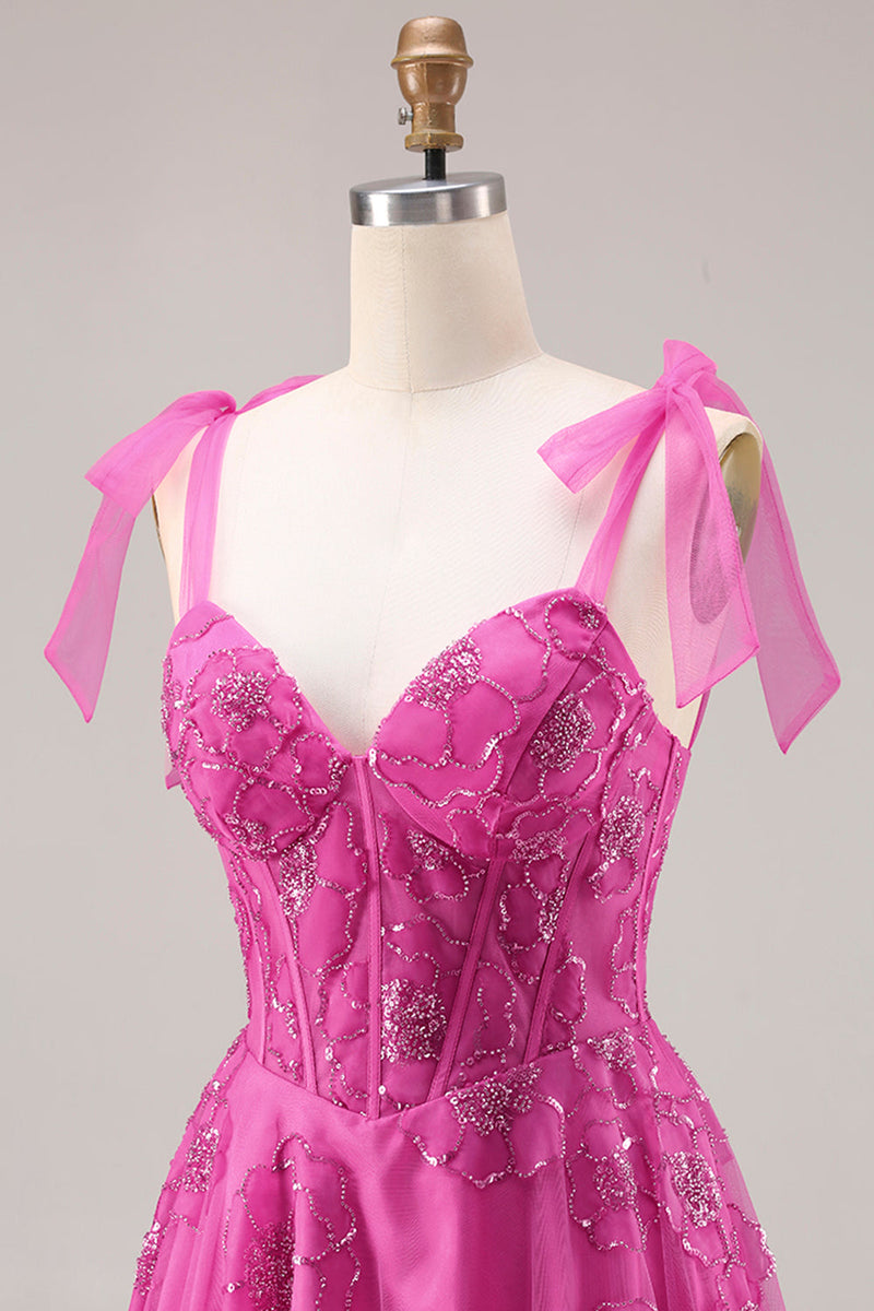 Load image into Gallery viewer, Fuchsia Floral A Line Long Corset Prom Dress with Beading