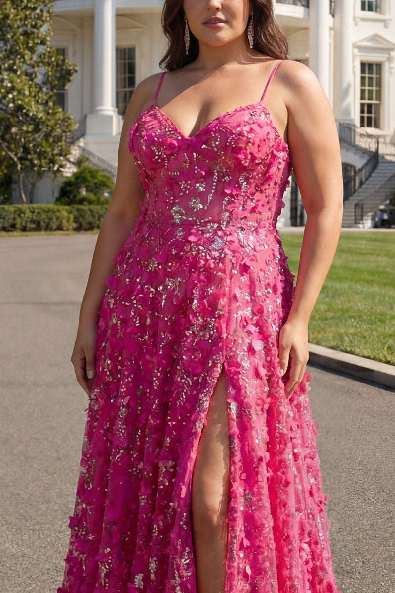 Load image into Gallery viewer, Plus Size Fuchsia A Line Floral Long Corset Prom Dress with Beading