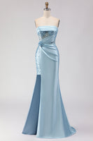 Load image into Gallery viewer, Sparkly Purple Satin Mermaid Long Corset Prom Dress with Slit