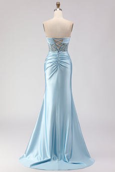 Sparkly Blue Mermaid Beaded Satin Long Corset Prom Dress with Slit