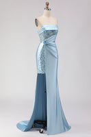 Load image into Gallery viewer, Sparkly Blue Mermaid Beaded Satin Long Corset Prom Dress with Slit