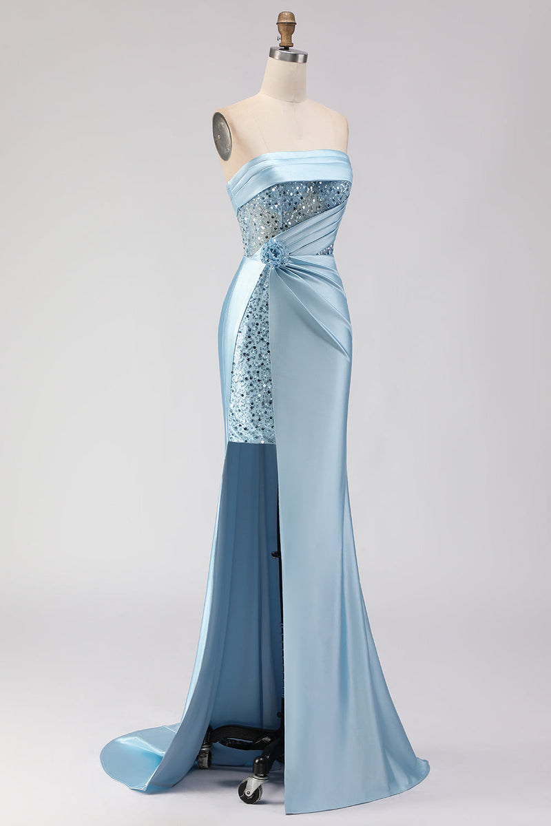 Load image into Gallery viewer, Sparkly Blue Mermaid Beaded Satin Long Corset Prom Dress with Slit