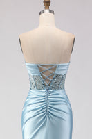 Load image into Gallery viewer, Sparkly Blue Mermaid Beaded Satin Long Corset Prom Dress with Slit