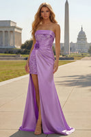Load image into Gallery viewer, Sparkly Purple Satin Mermaid Long Corset Prom Dress with Slit
