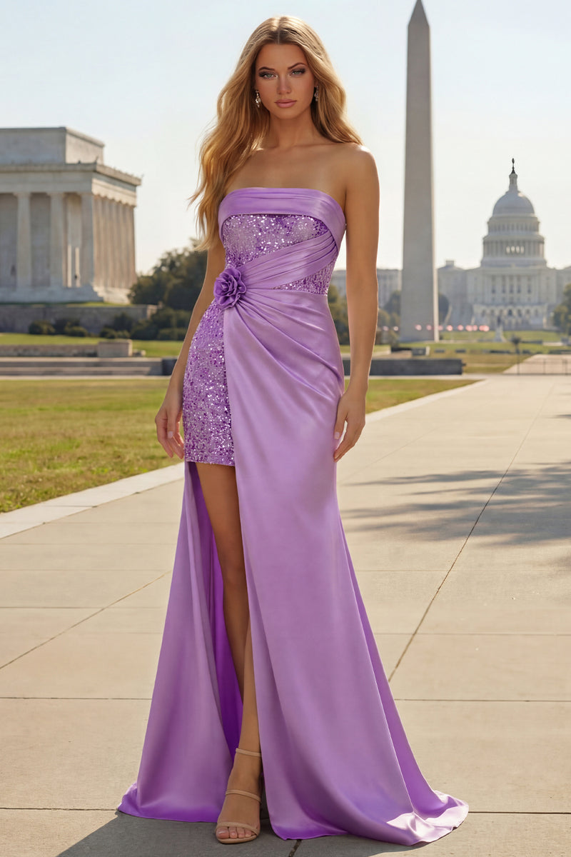Load image into Gallery viewer, Sparkly Purple Satin Mermaid Long Corset Prom Dress with Slit