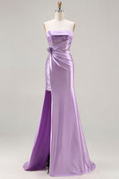 Load image into Gallery viewer, Sparkly Purple Satin Mermaid Long Corset Prom Dress with Slit