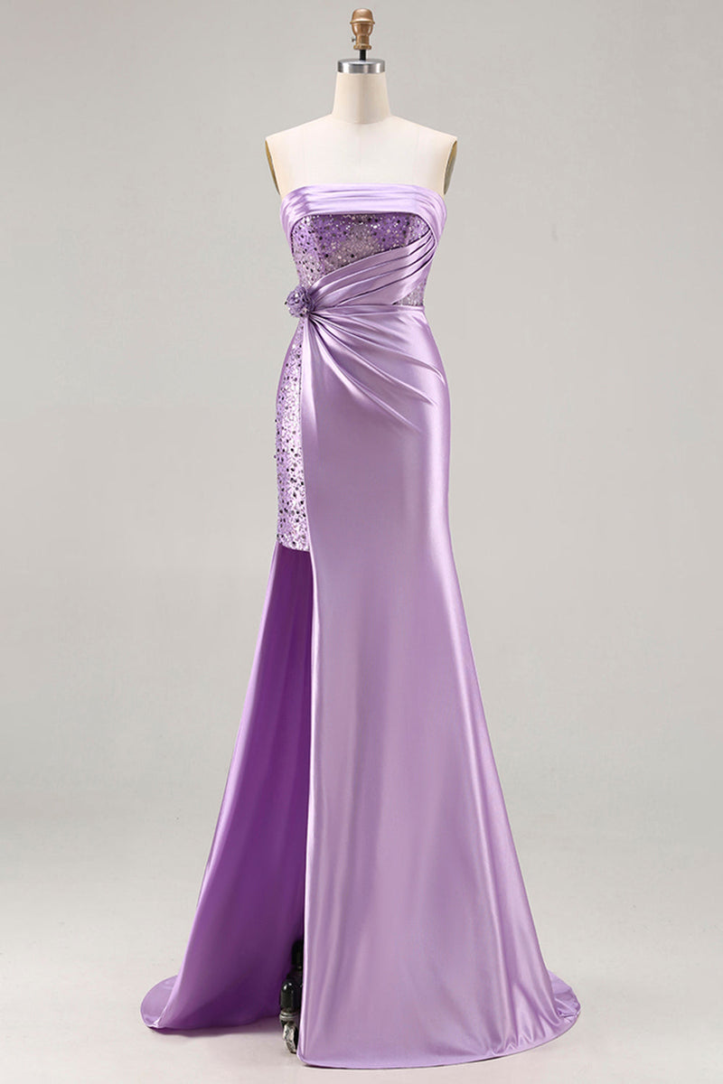 Load image into Gallery viewer, Sparkly Purple Satin Mermaid Long Corset Prom Dress with Slit