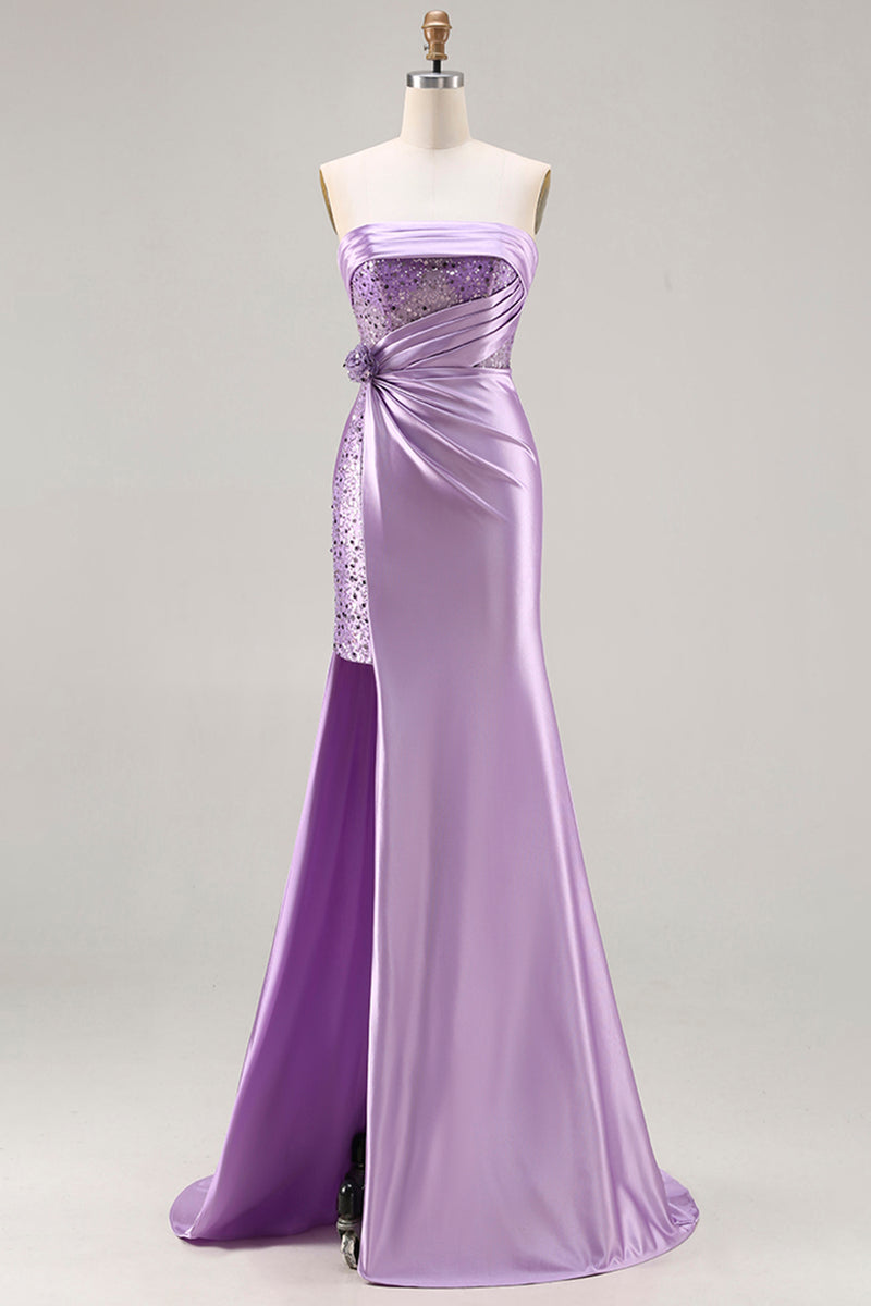 Load image into Gallery viewer, Sparkly Blue Mermaid Beaded Satin Long Corset Prom Dress with Slit