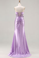 Load image into Gallery viewer, Sparkly Purple Satin Mermaid Long Corset Prom Dress with Slit