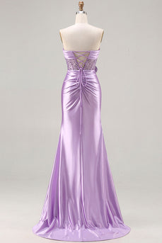 Sparkly Purple Satin Mermaid Long Corset Prom Dress with Slit