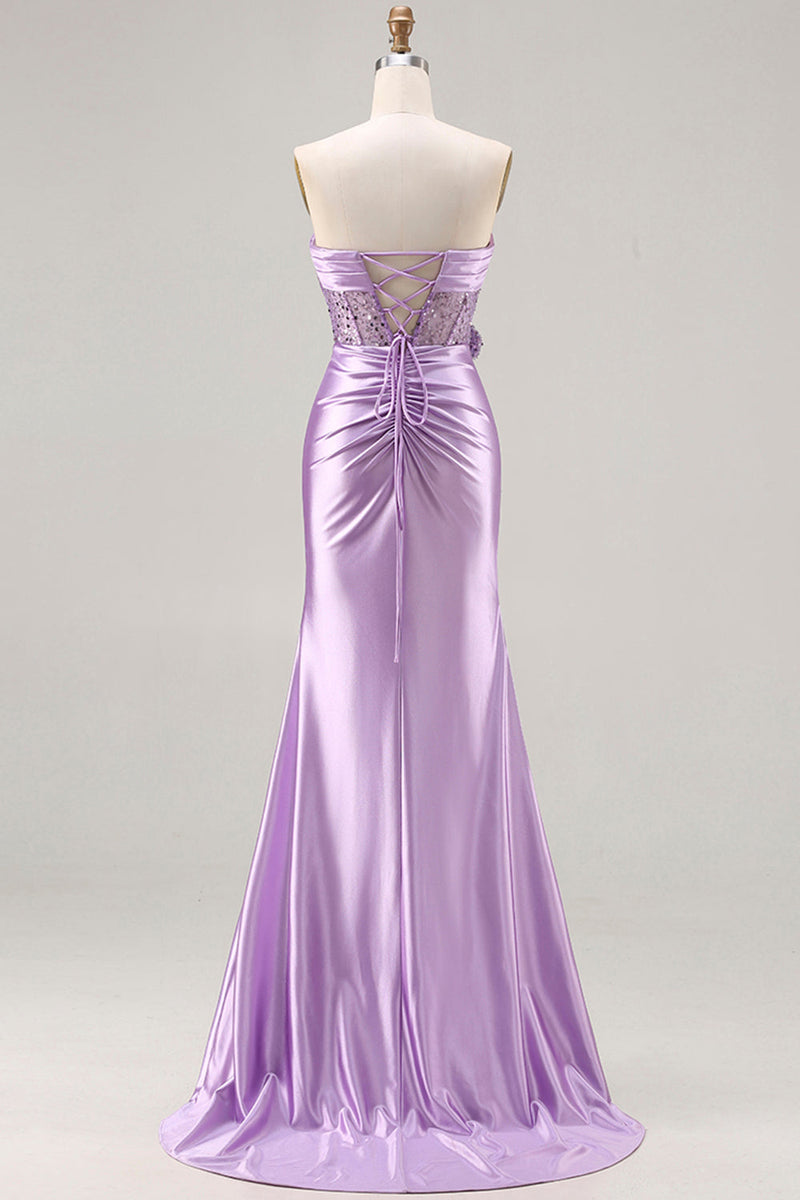 Load image into Gallery viewer, Sparkly Purple Satin Mermaid Long Corset Prom Dress with Slit