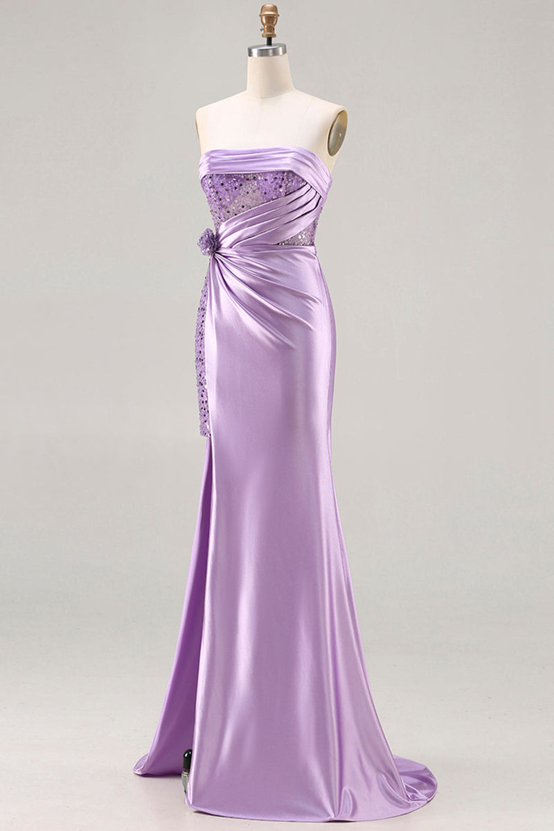 Load image into Gallery viewer, Sparkly Purple Satin Mermaid Long Corset Prom Dress with Slit