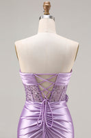 Load image into Gallery viewer, Sparkly Purple Satin Mermaid Long Corset Prom Dress with Slit