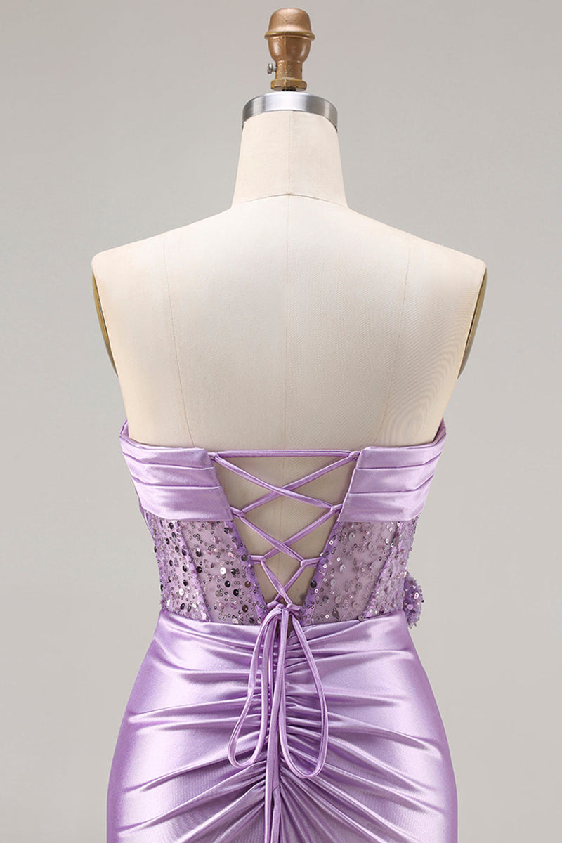 Load image into Gallery viewer, Sparkly Purple Satin Mermaid Long Corset Prom Dress with Slit