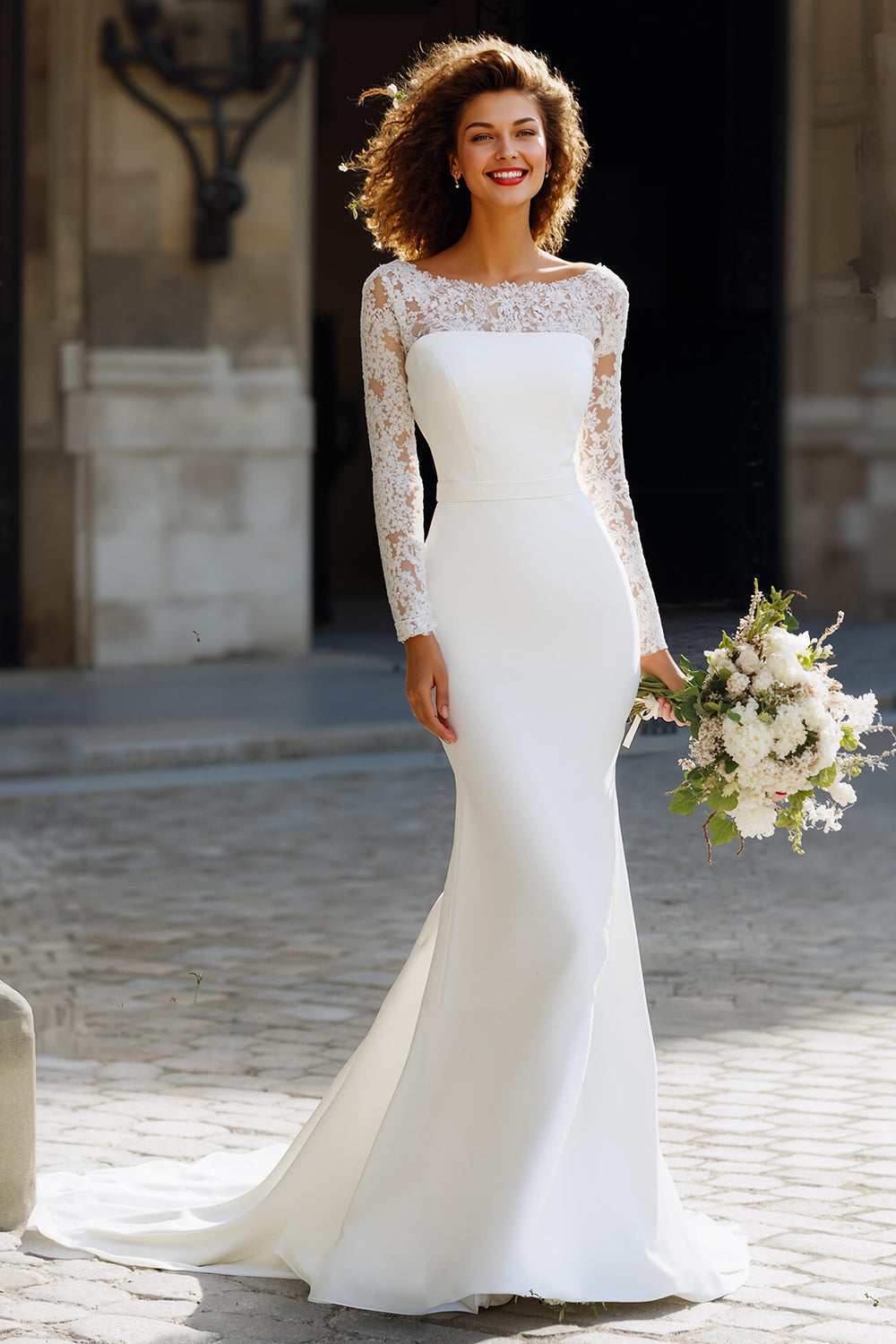 White Sweep Train Chiffon Mermaid Wedding Dress with Sleeves